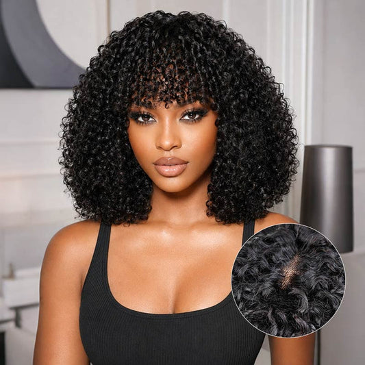 Crown|QVR Fluffy 3C 4A Glueless Human Hair Curly Wig with Bangs