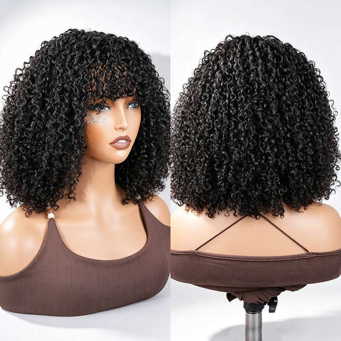 Crown|QVR Fluffy 3C 4A Glueless Human Hair Curly Wig with Bangs