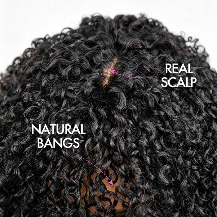 Crown|QVR Fluffy 3C 4A Glueless Human Hair Curly Wig with Bangs