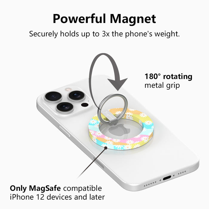 Daisy Dream MagSafe grip ring with pastel rainbow waves and white daisies on phone