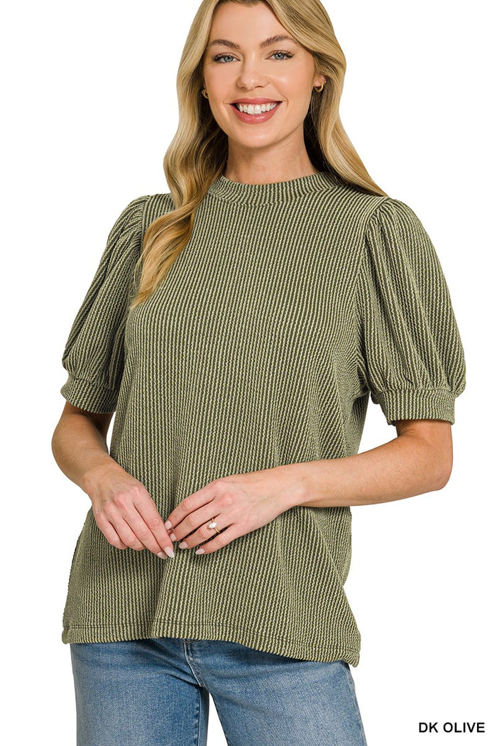 Dark olive ribbed knit t-shirt with puff sleeves and crew neckline