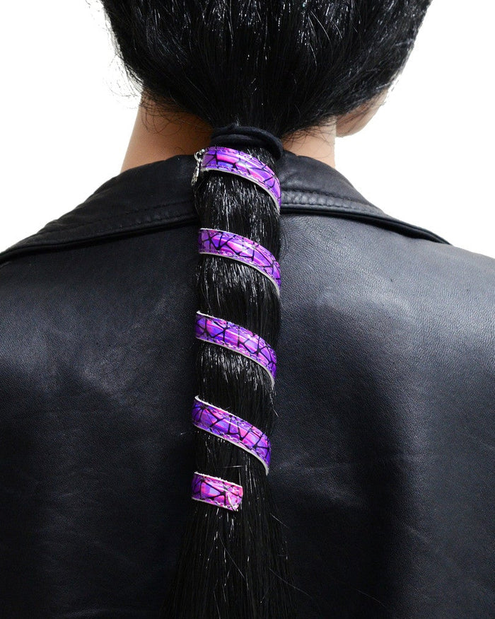Model wearing Dark Purple Holographic Ponytail Wrap - Faux Leather Hair Twister
