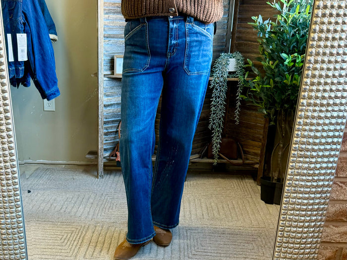 Mica dark wash jeans with patch back pockets, straight leg hem