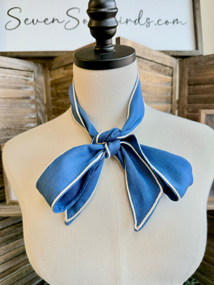 Blue denim twilly scarf tied in a bow at the neck