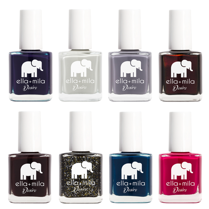 Desire Collection 8 nail polish bottles in navy, grey, plum, burgundy, teal and berry