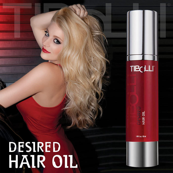 Blonde model in a red dress showcasing her wavy hair beside the Tibolli Desired Hair Oil 50 ml red bottle, dark background