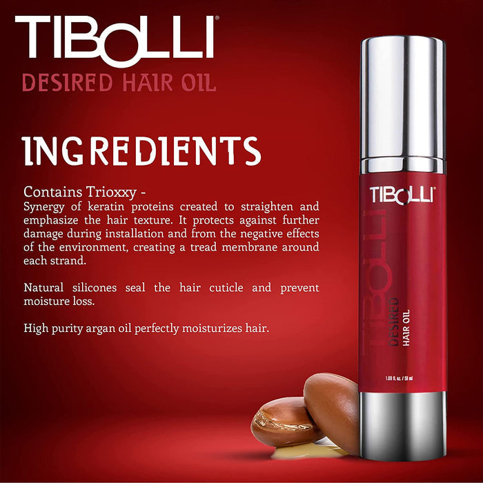 Tibolli Desired Hair Oil red 50 ml pump bottle on a red ingredients panel: Trioxxy keratin, natural silicones and argan oil