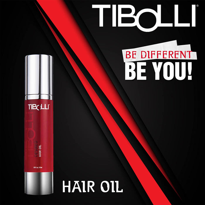 Tibolli Desired Hair Oil 50 ml red pump bottle on black with red stripes, TIBOLLI logo and the headline BE DIFFERENT BE YOU!