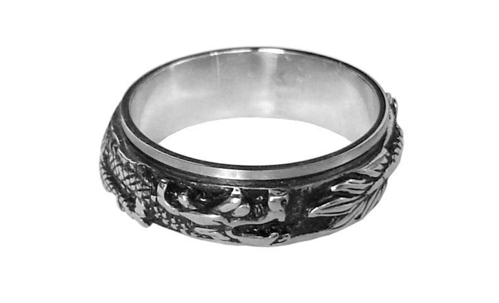 stainless steel dragon ring with red eyes front view