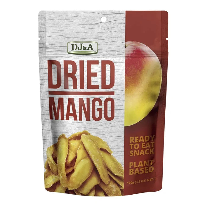 Packaged dried mango snack with DJ&A branding on a white background
