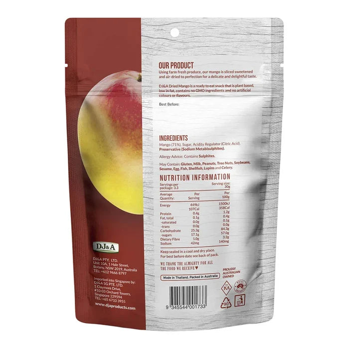Back view of a mango snack package with ingredients, product information, nutritional information and an image of a mango.