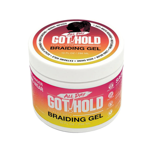 EBIN All Day Got Hold 10 fl oz jar of extreme hold braiding gel with pink to yellow gradient label