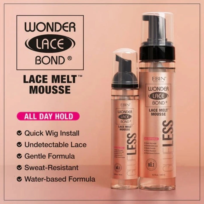 EBIN Wonder Lace Bond glueless lace melt mousse bottles with pump and feature list for all day hold