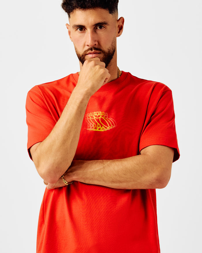 Red t-shirt with yellow and orange owl graphic on chest.