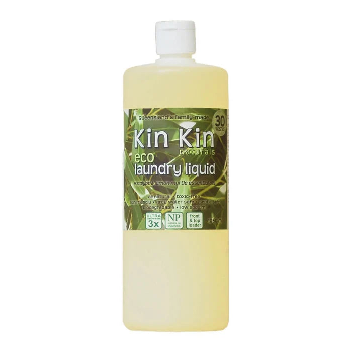 Bottle of Kin Kin eco laundry liquid with eucalypt and lime essential oils on a white background