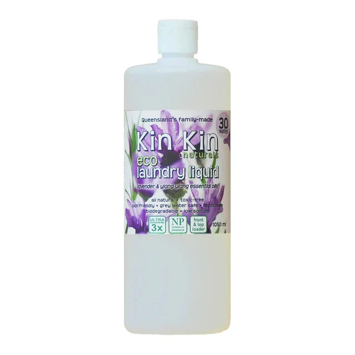 Bottle of Kin Kin eco laundry liquid lavender & ylang ylang essential oils on a white background