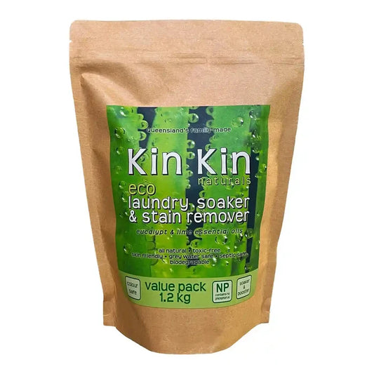 Kin Kin Naturals eco laundry soaker & stain remover packaging on a white background, 1.2kg pouch.