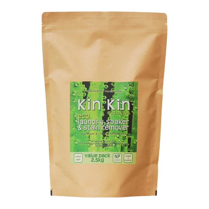 Brown package of Kin Kin laundry soaker and stain remover on a white background, 2.5kg pouch.