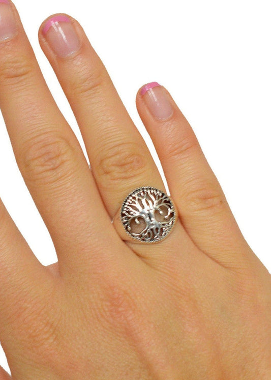Model wearing Enchanted Tree of Life Ring – Sterling Silver Spiritual Jewelry