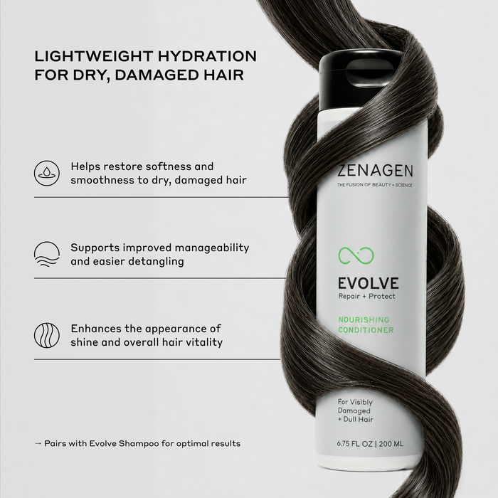 Zenagen Evolve Nourishing Conditioner provides lightweight hydration to help soften dry, damaged hair while improving manageability and shine.