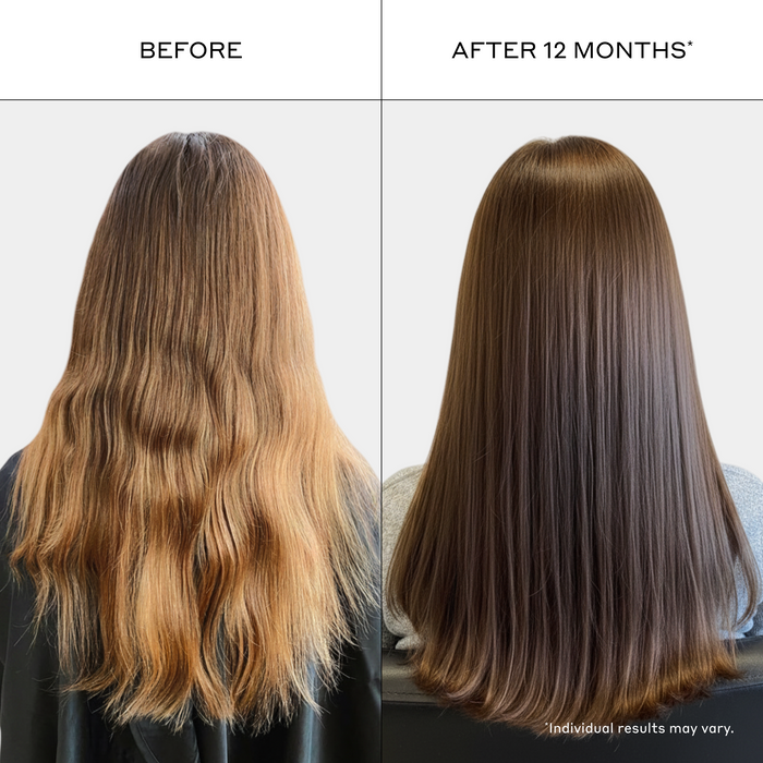Zenagen Evolve Nourishing Conditioner before and after image showing smoother, shinier, healthier-looking hair with improved softness and reduced frizz appearance.
