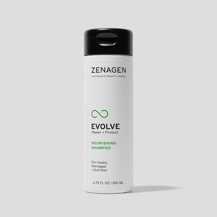 Zenagen Evolve Nourishing Shampoo 6.75 oz bottle, salon-quality repair and protect shampoo for damaged, dull hair to support smoother, stronger, and more vibrant-looking hair.