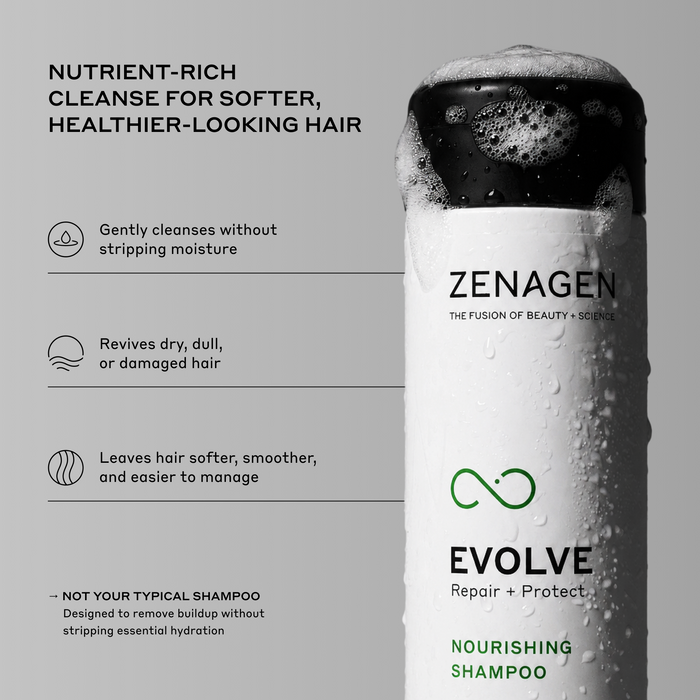 Zenagen Evolve Nourishing Shampoo gently cleanses while helping maintain moisture, supporting softer, smoother, healthier-looking hair.