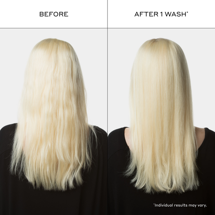 Zenagen Evolve Nourishing Shampoo before and after image showing smoother, shinier, healthier-looking hair with reduced frizz appearance after one wash.