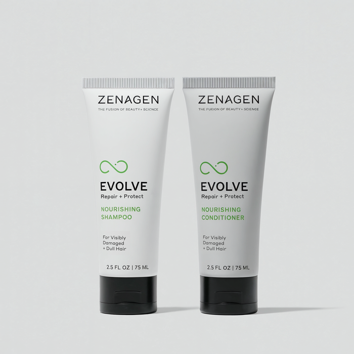 Zenagen Evolve Nourishing Shampoo and Conditioner travel size set for damaged and dull hair, repair and hydration hair care routine