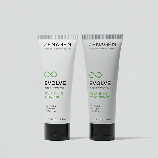 Zenagen Evolve Nourishing Shampoo and Conditioner travel size set for damaged and dull hair, repair and hydration hair care routine