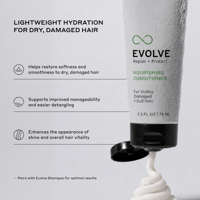 Zenagen Evolve Nourishing Conditioner for dry, damaged hair, helping improve softness, smoothness, detangling, and overall hair manageability.