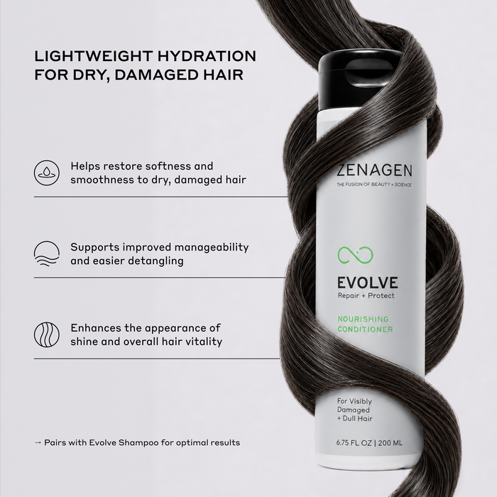 Zenagen Evolve Nourishing Conditioner provides lightweight hydration to help improve softness, smoothness, shine, and manageability.