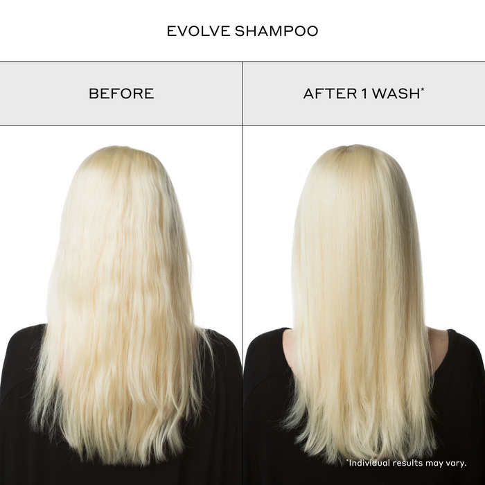 Before-and-after results showing smoother, softer, healthier-looking blonde hair after one wash with Zenagen Evolve Nourishing Shampoo. Individual results may vary.