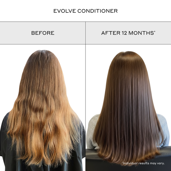 Before-and-after hair transformation images showing smoother, shinier, healthier-looking hair after using Zenagen Evolve Conditioner. Individual results may vary.