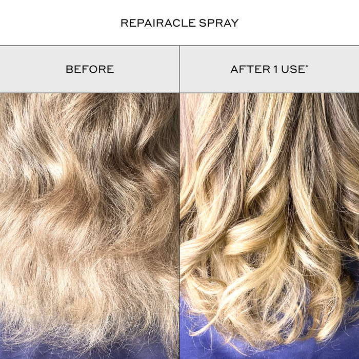 Before-and-after hair transformation images showing smoother, shinier, healthier-looking hair after using Zenagen Evolve Conditioner and Repairacle Spray. Individual results may vary.