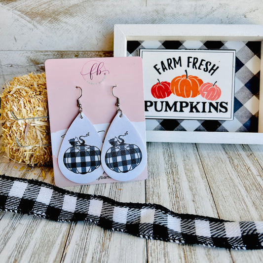 Fall Gingham Pumpkin Faux Leather Drop Ear Bling