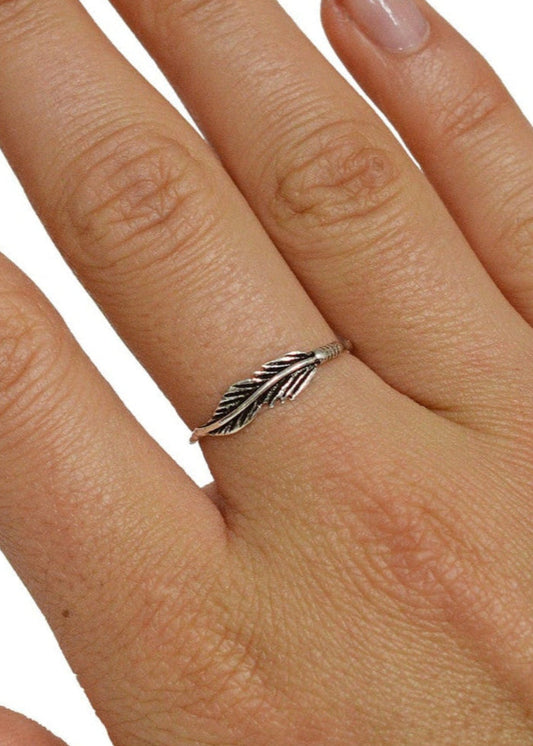 Model wearing Feather Ring – Sterling Silver Delicate Boho Nature Jewelry