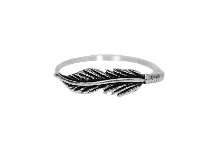 Sterling silver feather ring, delicate boho nature jewelry, front view