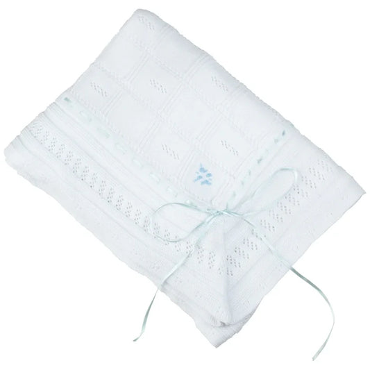 Feltman White/Blue Ribbon Pointelle Knit Blanket