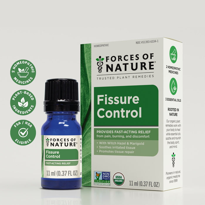 Front of Fissure Control 11 ml bottle and box showing product name and Provides fast-acting relief on light gray background
