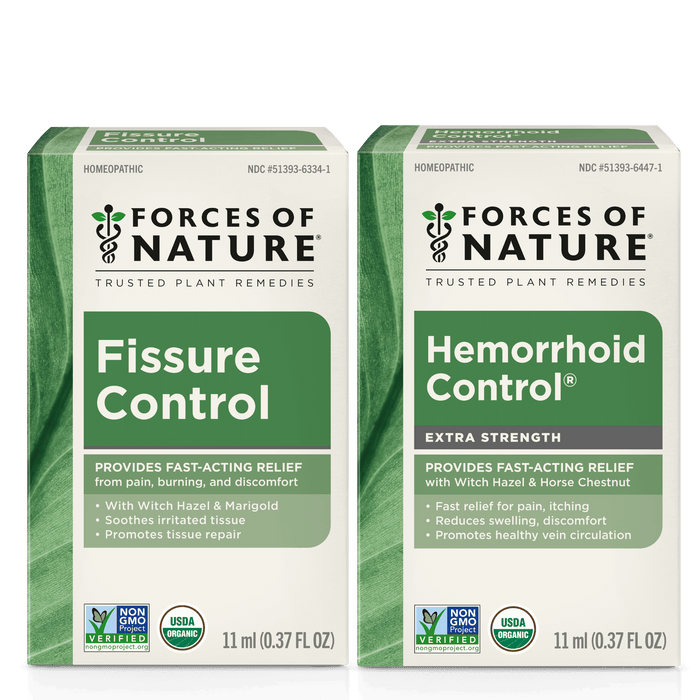Front view of two 11 ml Forces of Nature boxes showing Fissure Control and Hemorrhoid Control packaging on a white background