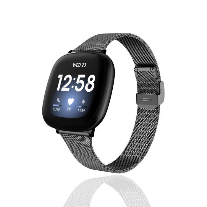 Black smartwatch with slim black Milanese loop strap, displaying time and health stats on a white background.