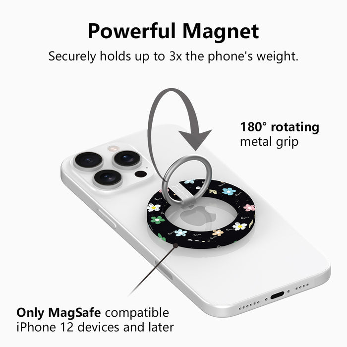 Flower Pop pattern MagSafe phone grip ring with sketched colorful flowers and script text on black background compatible with iPhone and Samsung