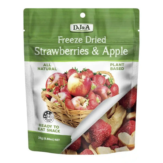 Packaging of freeze-dried strawberries and apples with DJ&A branding on a white background