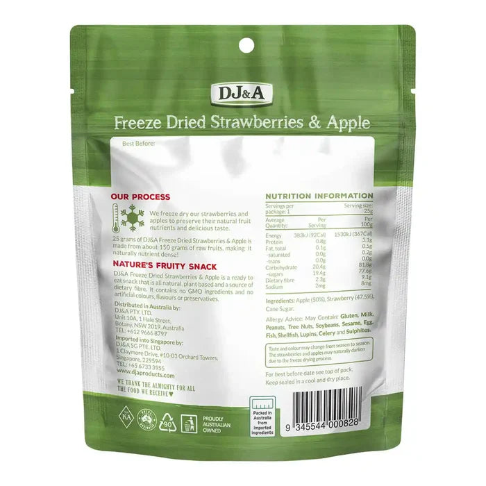 Packaging of DJ&A freeze-dried strawberries and apple with ingredients, process & nutritional information on a white background