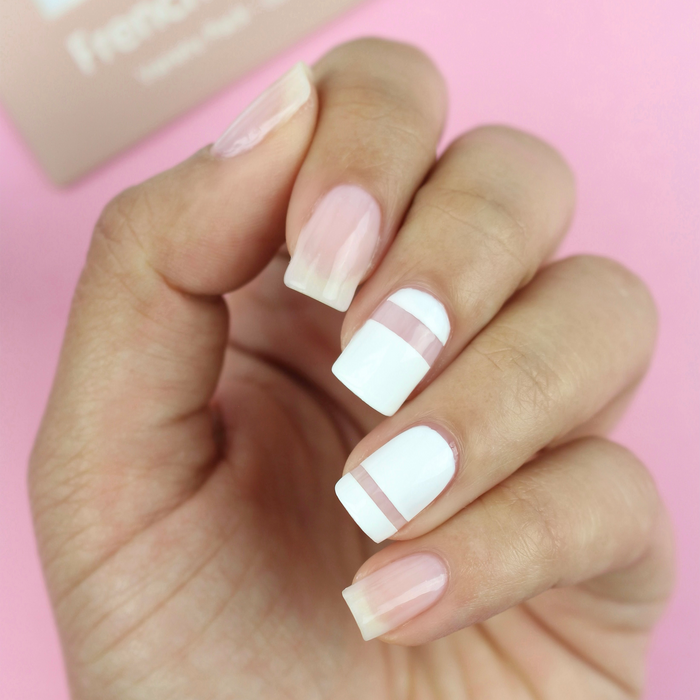 French Mani Strips straight white band French tips on a sheer nude manicure