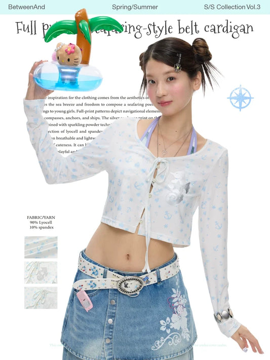Full printed seafaring-style belt cardigan