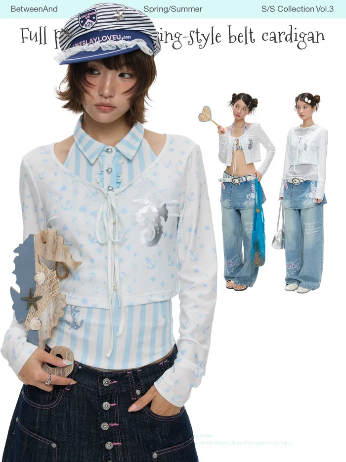 Full printed seafaring-style belt cardigan