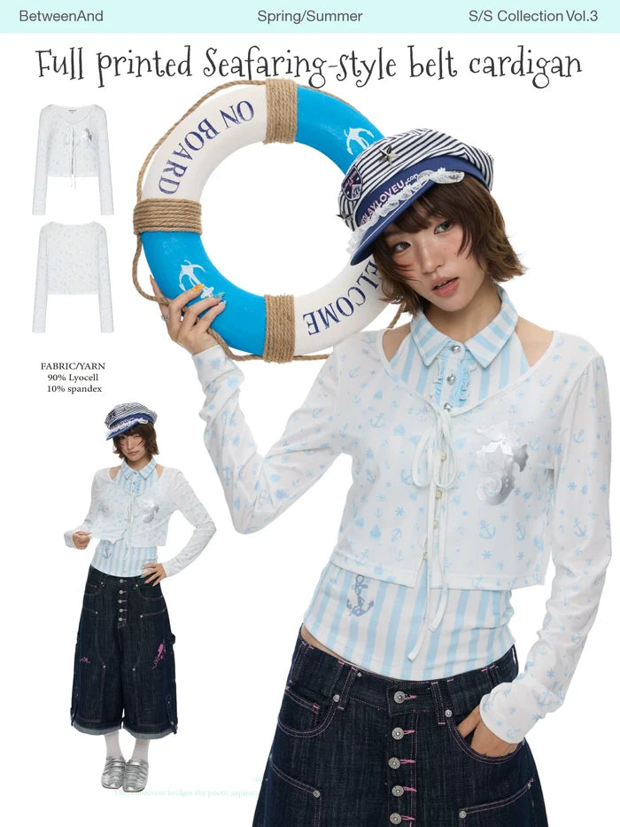 Full printed seafaring-style belt cardigan