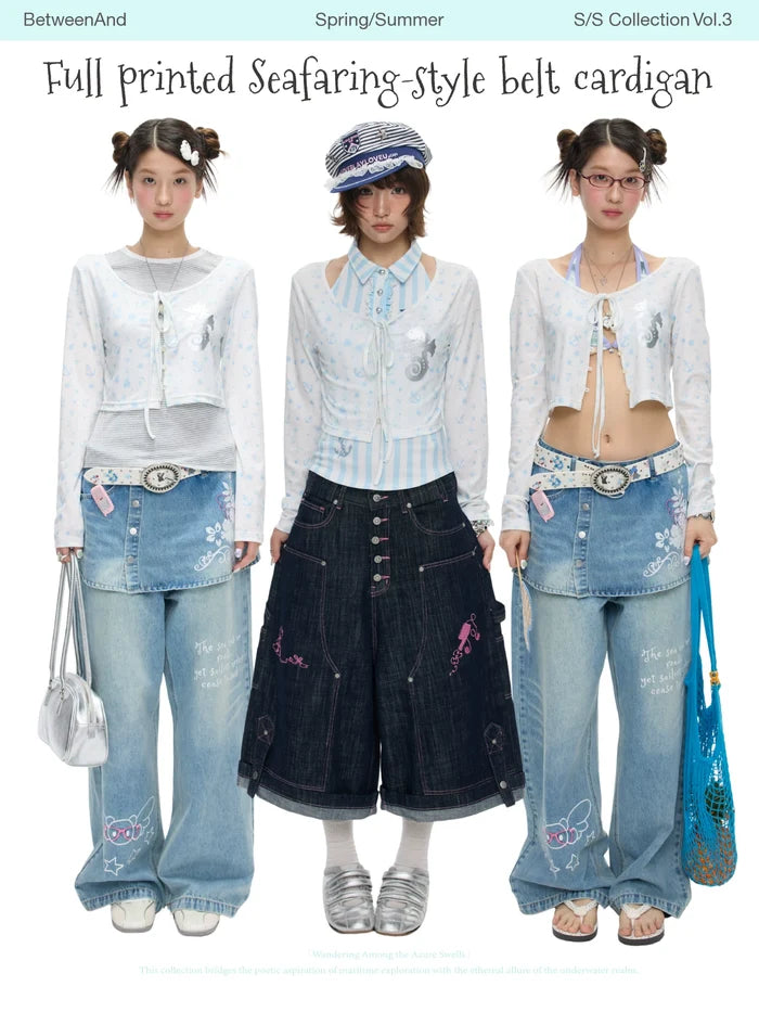 Full printed seafaring-style belt cardigan